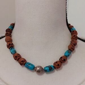 Natural Blue Turquoise Skull Carved Wood Beads Toggle Choker Necklace Artisan